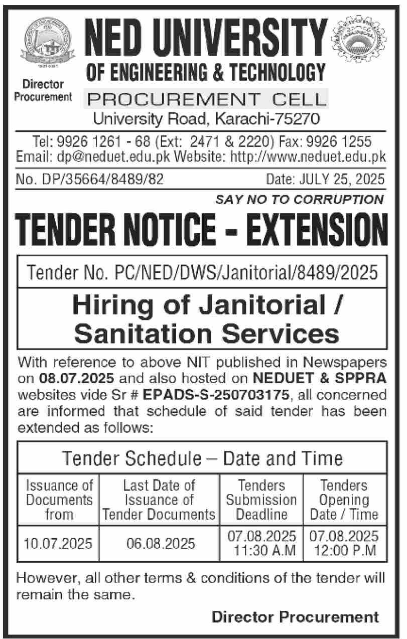 Ned University of Engineering & Technology Tender Notice
